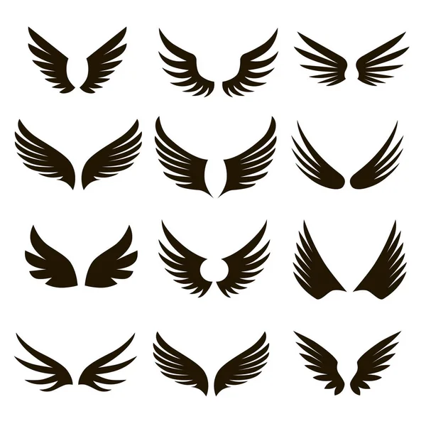 12 icônes ailes noires et blanches — Image vectorielle