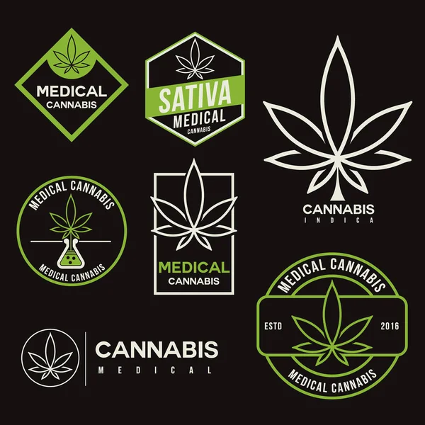 Conjunto de emblema de cannabis medicinal verde, logotipo. estilo vintage clásico — Vector de stock