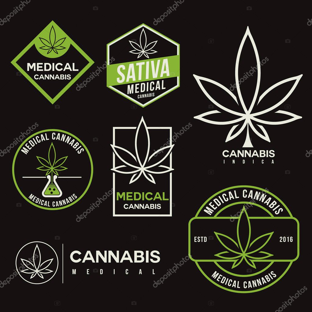 Set of green medical cannabis emblem, logo . classic vintage style