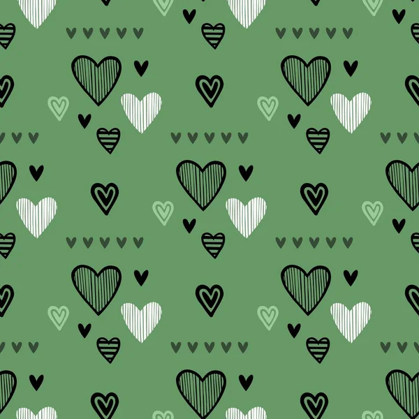 Bezešvé Zelené Pozadí Kreslenými Srdci Vektoru — Stockový vektor