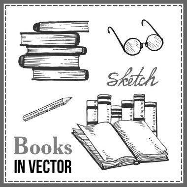 Bir vektöre çizilmiş kitap ve elementler dizisi