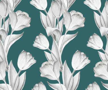 Karanlık bir arkaplanda çizilmiş laleli kusursuz desen