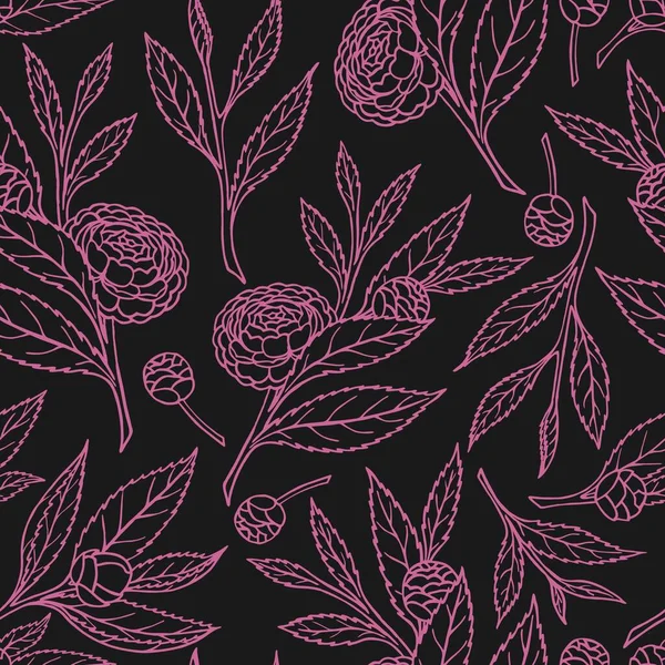 Vector Karanlik Saha Zemin Üzerinde Camellia Sprigs Pattern — Stok Vektör