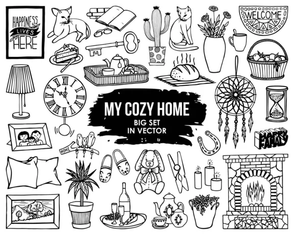 Gran Set Artículos Para Una Casa Cozy Vector — Vector de stock