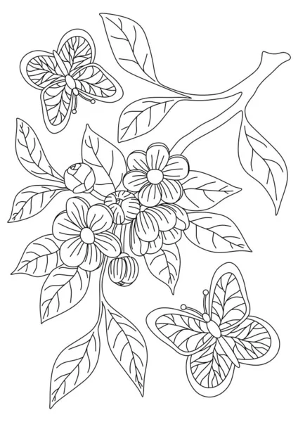 Livre Coloration Avec Des Blosses Cherches Des Butterflies Sur Contexte — Image vectorielle