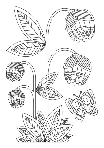 Libro Colorazione Con Blooming Bluebells Butterfly Vettore — Vettoriale Stock
