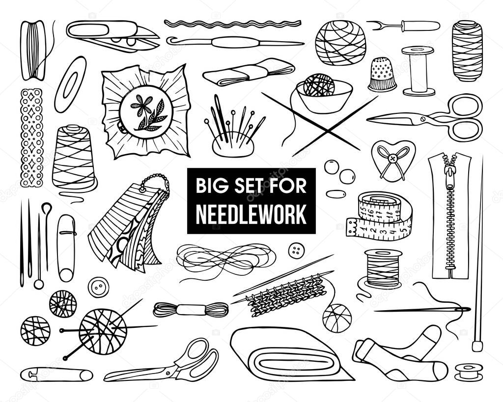 A SET OF TOOLS AND JEWELRY FOR NEEDLEWORK ON A WHITE BACKGROUND