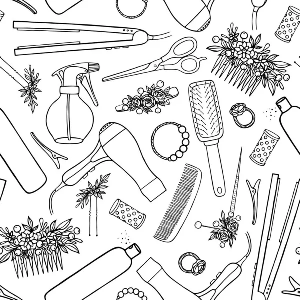 Seamless Pattern Drawn Hair Ornaments Barber Tools Vector — Stockový vektor