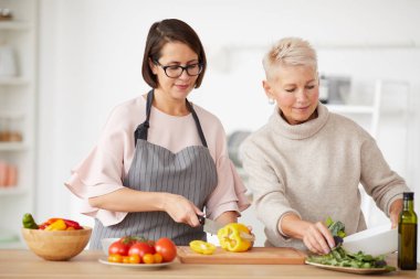 Anne ve kızı evcil mutfakta birlikte sebze salatası pişiriyorlar. 