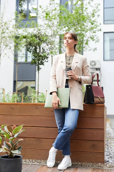 Portrait Young Stylish Woman Drinking Coffee While Standing City — Stock Photo, Image