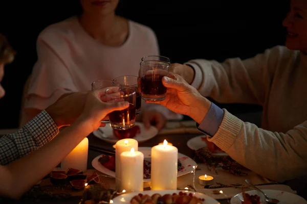 Close Family Sitting Table Candles Celebrating Holiday Glasses Wine Home — Stock Photo, Image