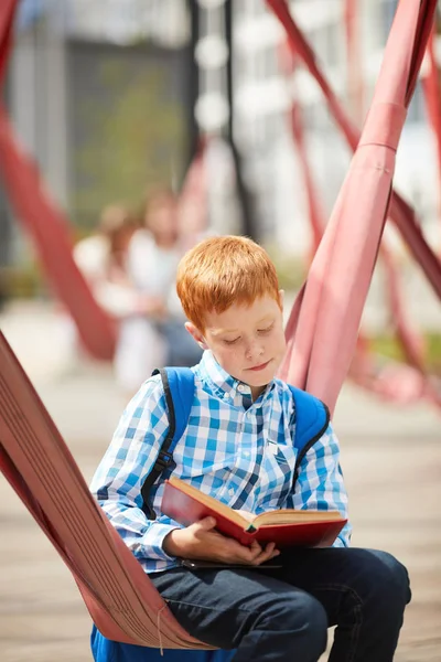 Garçon École Assis Sur Balançoire Livre Lecture Préparant Leçon Plein — Photo