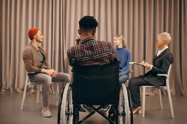 Rear View African Young Man Sitting Wheelchair Listening People Meeting — Stock Photo, Image