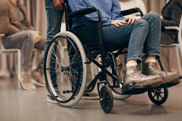 Close Young Disabled Woman Sitting Wheelchair Other People Background Visiting — Stock Photo, Image