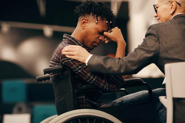 African Young Disabled Man Sitting Wheelchair Worried Disease Woman Supporting — Stock Photo, Image