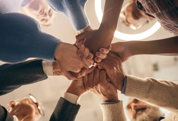 Low Angle View Group People Standing Holding Hands Working Team — Stock Photo, Image