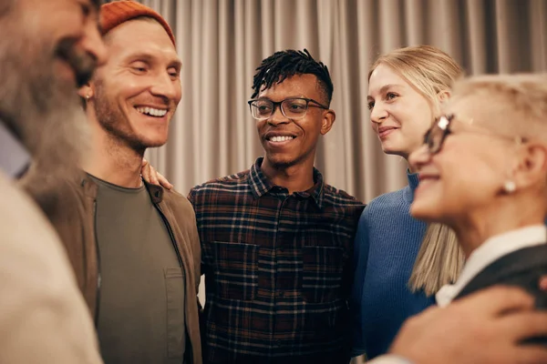 Group People Standing Smiling Each Other Talking Meeting — Stock Photo, Image