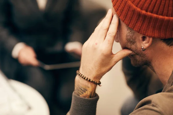 Rear View Young Man Hat Thinking Something While Sitting Meeting — 스톡 사진