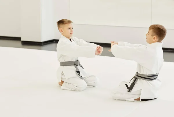 Twee Kleine Jongens Witte Kimono Zitten Vloer Tegenover Elkaar Oefenen — Stockfoto