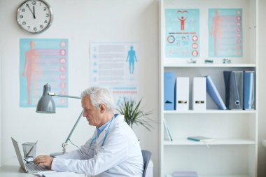 Dizüstü bilgisayarda çalışan kıdemli çocuk doktoru.