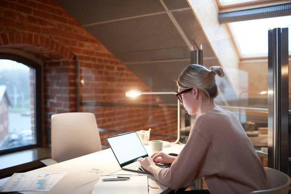 Ung kvinna som arbetar på bärbar dator — Stockfoto