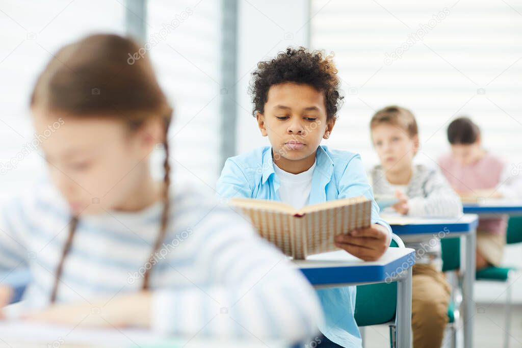 Boy Reading Textbook In Class