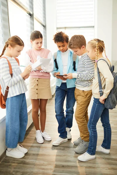 Cinco colegas de classe falando sobre lição de casa — Fotografia de Stock