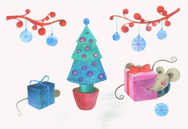 2.Noel hediyeleri ağacın altında farelerle.