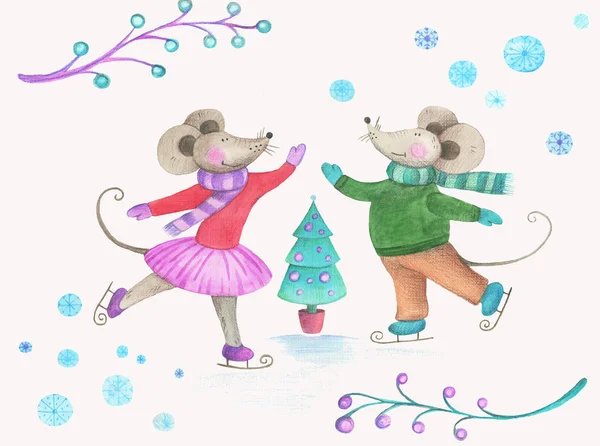 1.Christmas mice on skates at the Christmas tree.