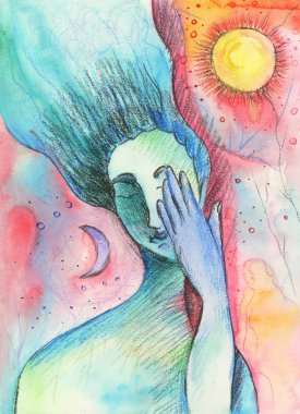 Güneş ve Ay arasındaki soyut kız.