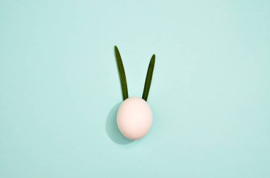 White eggs with green myrtle leaves pattern on mint color background. Spring and Easter holiday concept with copy space.