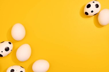 Yeşil mersin yapraklı beyaz yumurtalar sarı renkte iz bırakır. Pembe arka planda boyanmış yumurtalar. Paskalya tatili konsepti