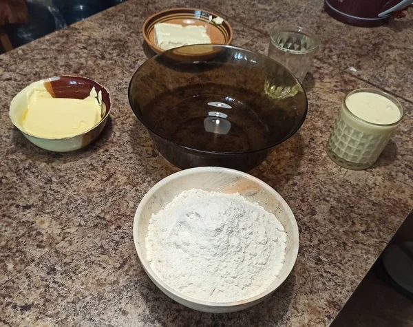 Set of ingredients for cake on table — 스톡 사진