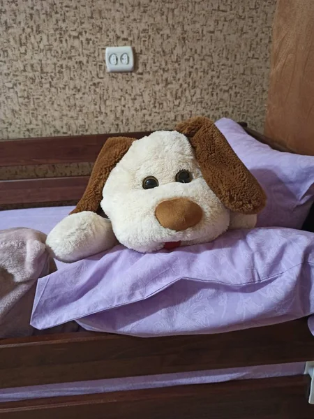 Дитяче ліжко з подушками та іграшковою собакою у спальні — стокове фото
