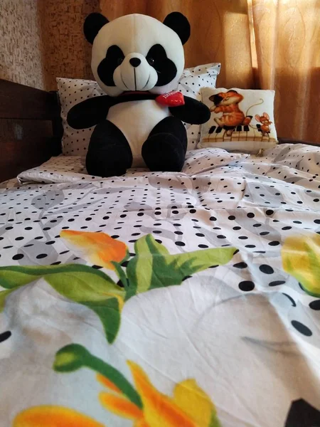 Make Wooden Baby Bed Pillows Teddy Panda Bedroom — стоковое фото