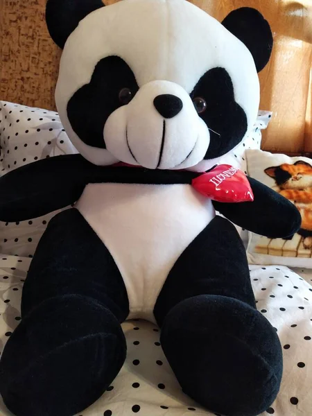 Make Wooden Baby Bed Pillows Teddy Panda Bedroom — стоковое фото