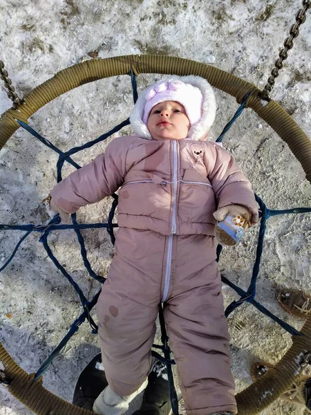 European Little Girl Lying Swing Snowy Winter Forest — Stock Photo, Image