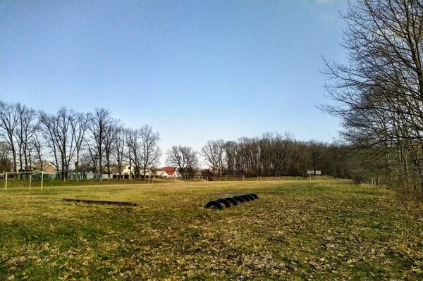 School Football Field Village Sunny Spring Day — Stock Photo, Image