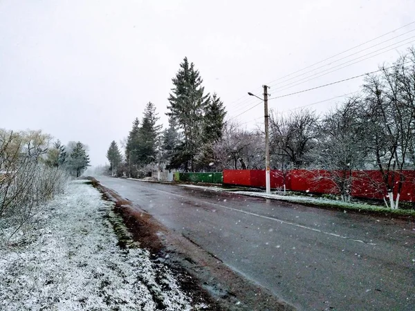 Estrada Campo Rural Entre Campo Aldeia Estação Inverno — Fotografia de Stock