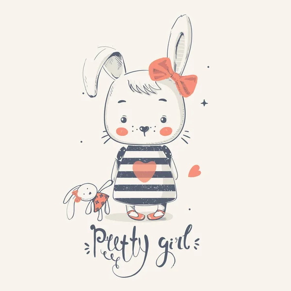 可爱的小兔子 Gilrl 卡通手画矢量插图 可用于婴儿 T恤印刷 时装印刷设计 婴儿沐浴庆典 问候和邀请卡 — 图库矢量图片