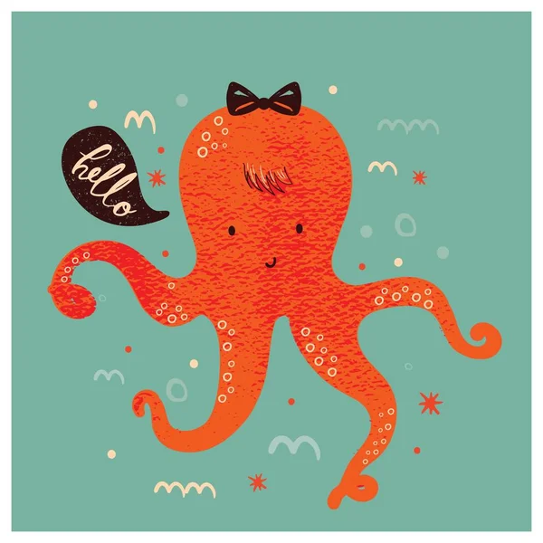 Leuke Baby Octopus Zegt Hallo Cartoon Hand Getekend Vector Illustratie — Stockvector