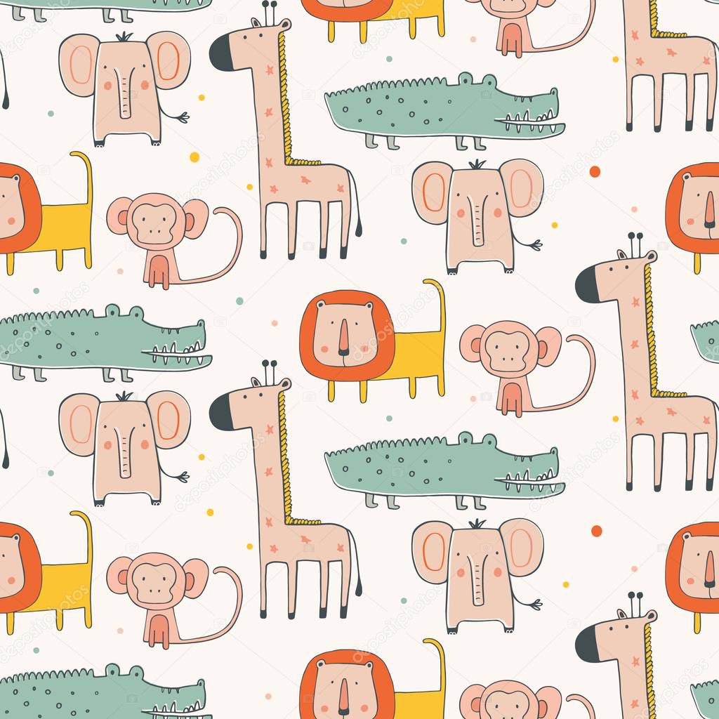 Cute animal seamless pattern. hand drawn vector illustration. Giraffe,Elephant,crocodile,monkey
