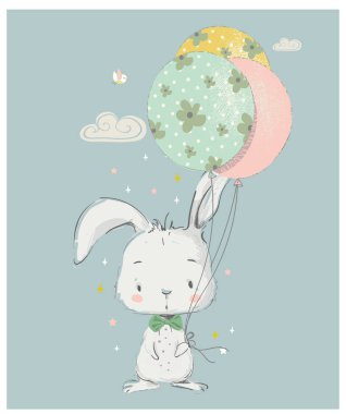 Balonlu beyaz tavşan. El çizimi vektör çizimi. Çocuk ya da bebek gömleği tasarımı, moda baskısı tasarımı, moda grafiği, çocukların giydiği tişörtlerde kullanılabilir.