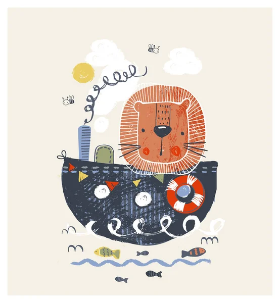 Leuke Leeuw Het Schip Cartoon Hand Getekend Vector Illustratie Kan — Stockvector