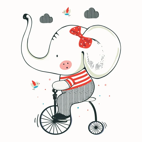 Симпатичный Слоненок Bicycle Cartoon Ручной Векторной Иллюстрации Использована Печати Детской — стоковый вектор