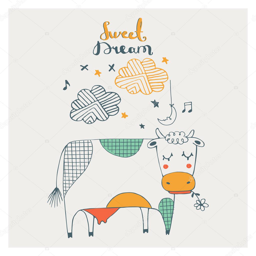 Cute doodle cow dreaming.cartoon hand drawn vector illustration. Can be used for baby t-shirt print, fashion print design, kids wear, baby shower celebration greeting and invitation card