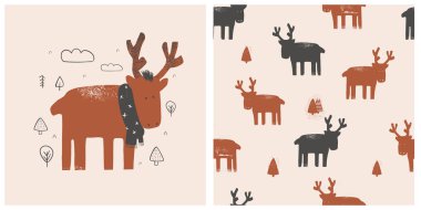 Tatlı kış geyiği. Elle çizilmiş, pürüzsüz desenli bir karakter. Tişört baskısı için kullanılabilir, çocuklar moda tasarımı giyebilir, bebek partisi davetiyesi takabilir. - Vektör 