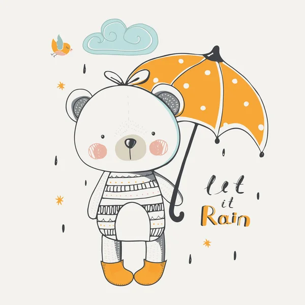 Niedlichen Baby Bär Mit Regenschirm Cartoon Handgezeichnete Vektorillustration Kann Für — Stockvektor