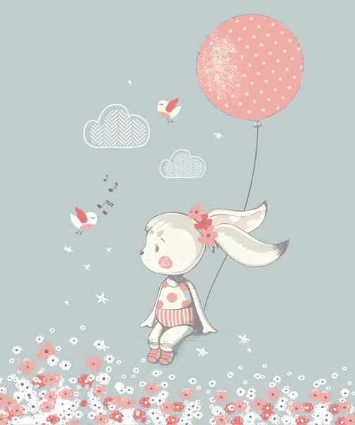 Rabbit Girl Balloon Hand Drawn Vector Illustration Can Used Kid — стоковый вектор