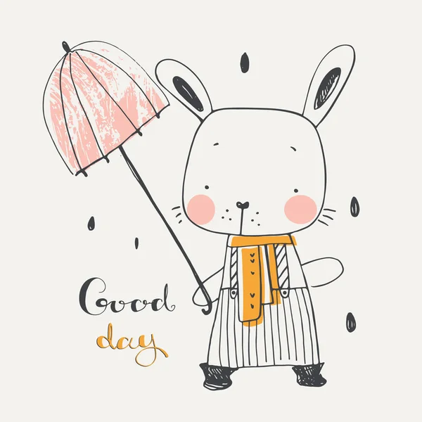 Lapin Mignon Avec Parapluie Illustration Vectorielle Dessinée Main Peut Être — Image vectorielle
